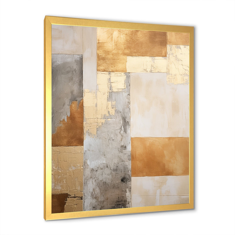 Art zen scandinave moderne beige et doré I, Cadre doré simple, H 32 po x l 16 po x P 1 po
