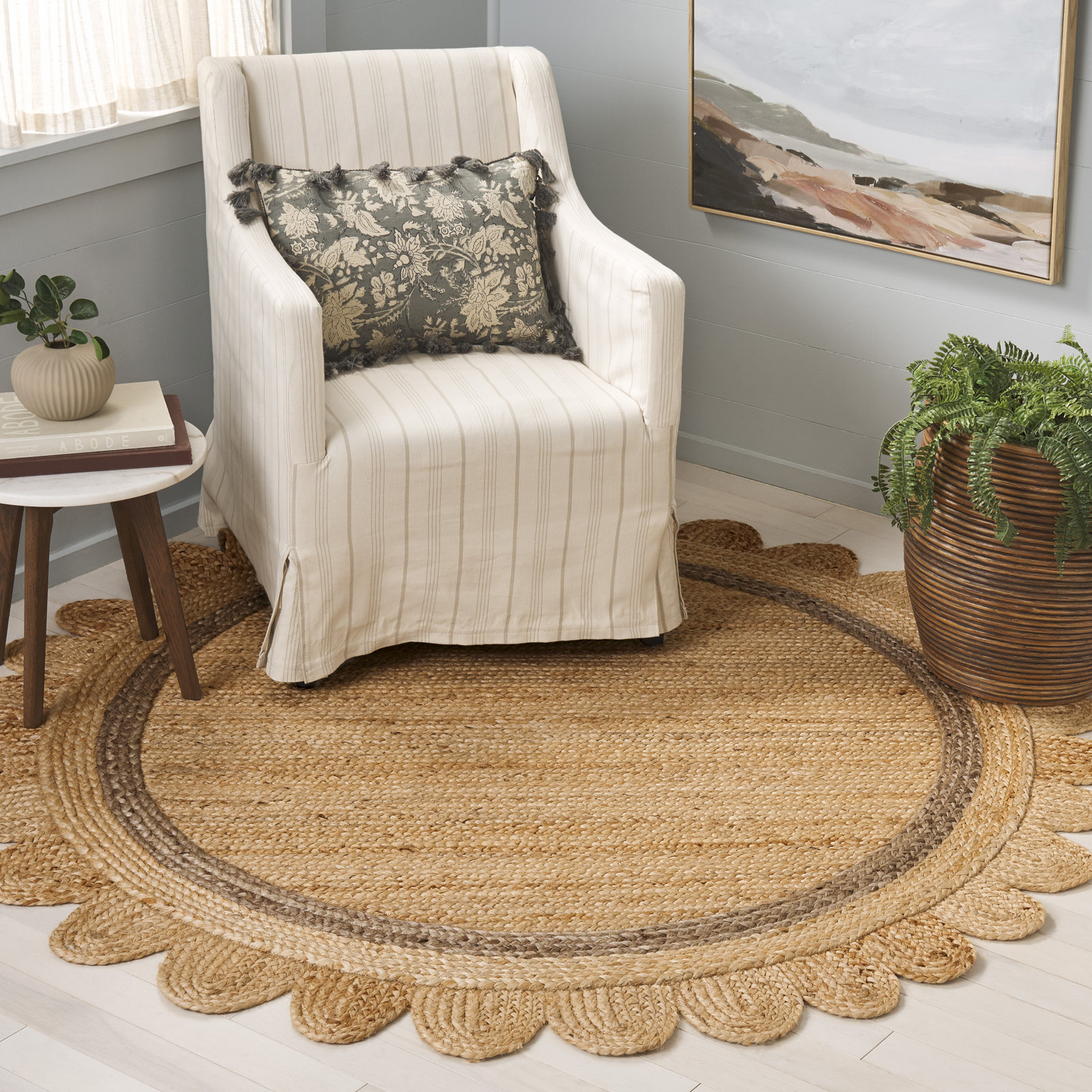 Inaki Hand-Woven Geometric Jute Rug, Round 6'