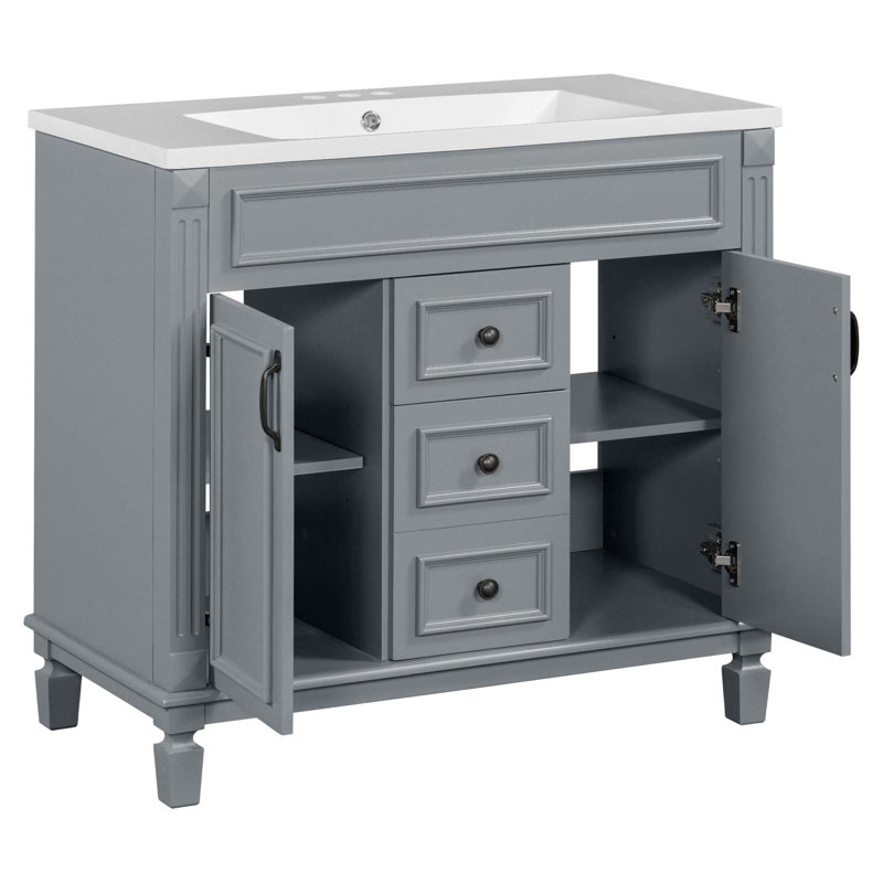 Meuble-lavabo moderne avec lavabo supérieur, 2 portes à fermeture douce et 2 tiroirs, Gris