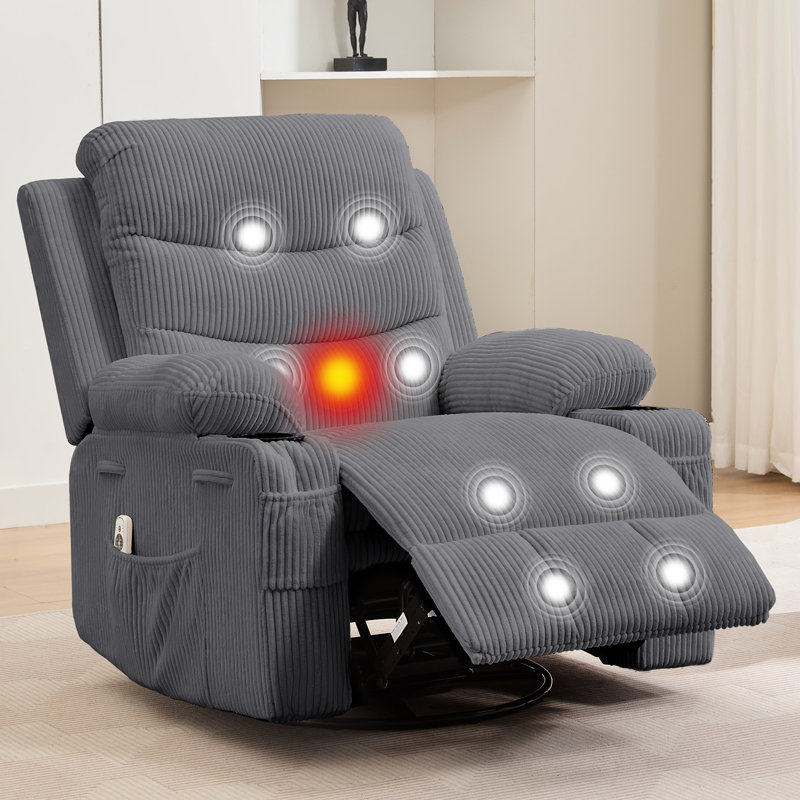 Swivel Rocker Recliner Chair with Massage and Heat, Oversized Reclining Sofa with 360° Swivel, Gray Corduroy