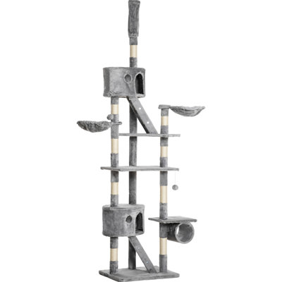 Arbre à chat à hauteur ajustable du plancher au plafond avec poteaux à griffes, deux condos, hamacs, tubes, échelles et balles, confortable pour la détente des chats avec panneau de particules stable