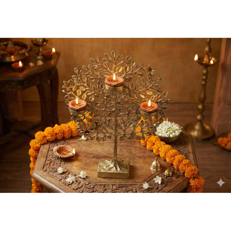 9" Handcrafted Brass Tree of Life Candle Holder – 3-Wick Diya Stand with Symbolic Roots & Branches