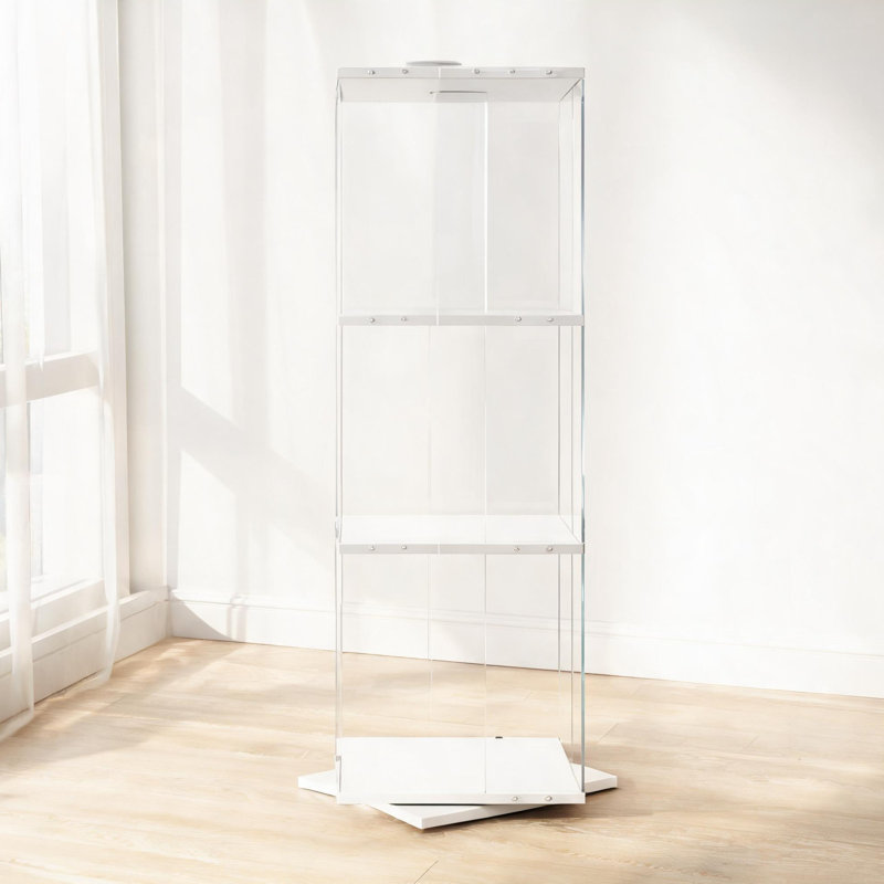 Vitrine rotative 4 couches en verre trempé et bois d'ingénierie blanc pur pour le rangement des spiritueux, des dossiers et des articles de rangement, s'adapte à plusieurs espaces intérieurs