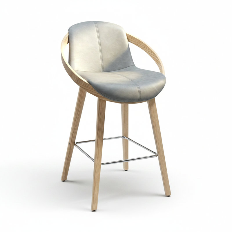 26" Modern Performance Vegan Leather Counter Height with Curved Arms, Beech Wood Frame & Chrome Metal Footrest, Vintage Light Gray/Oak – Irene by Pipp & Liv (Single)