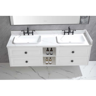 Le meuble-lavabo mural de 84 po convient aux lavabos doubles, au cabinet seulement, au comptoir et aux lavabos non inclus