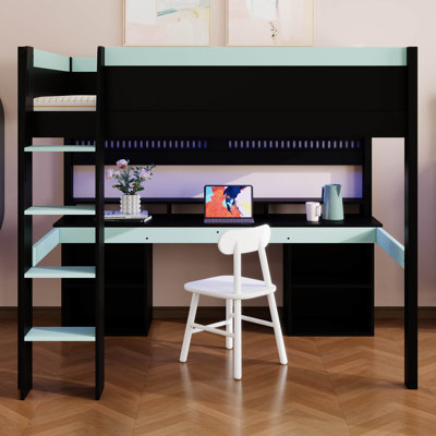 Lit mezzanine avec bureau, lumière DEL, lit mezzanine haut en bois avec garde-corps et échelle pour adolescents, adultes