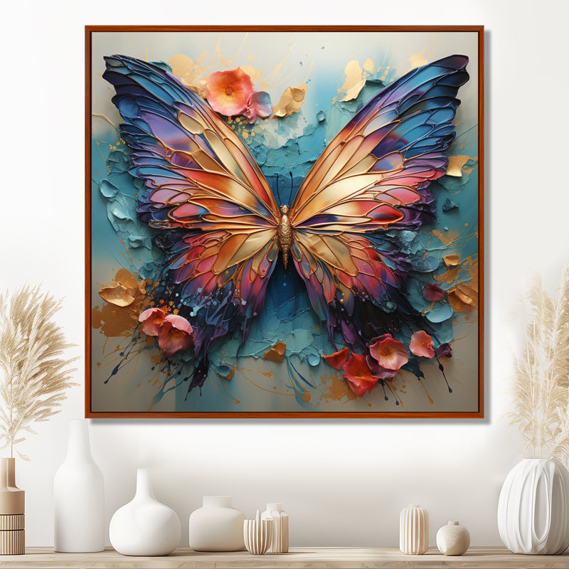 Orange et bleu, papillon métallique - art mural papillon, H 30 po x l 30 po x P 1 po, Reproduction avec cadre flottant, Brun