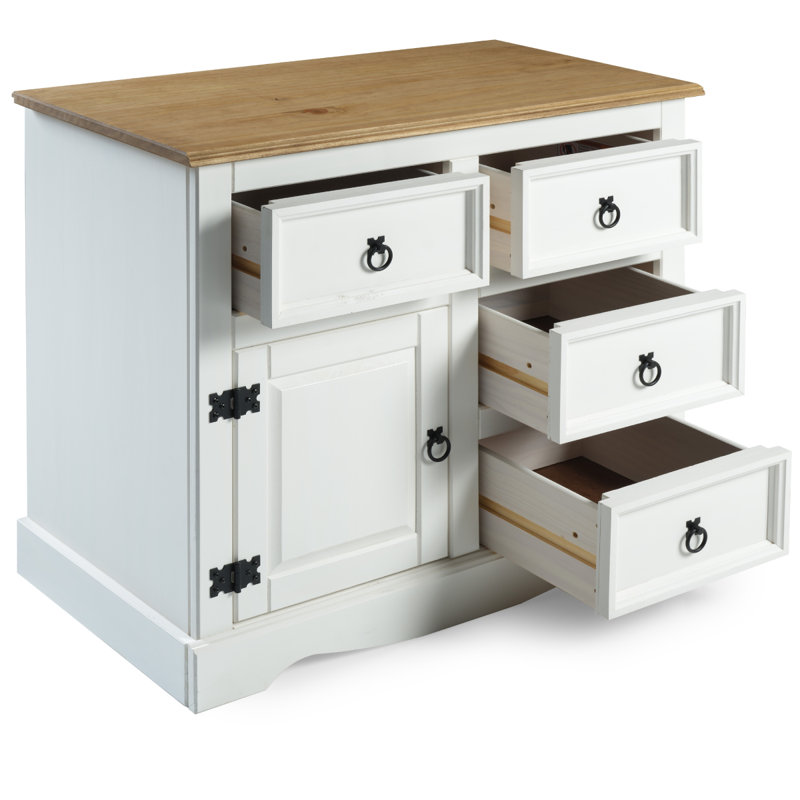 Buffet en bois massif Piumafua 34,02 po, Blanc délavé