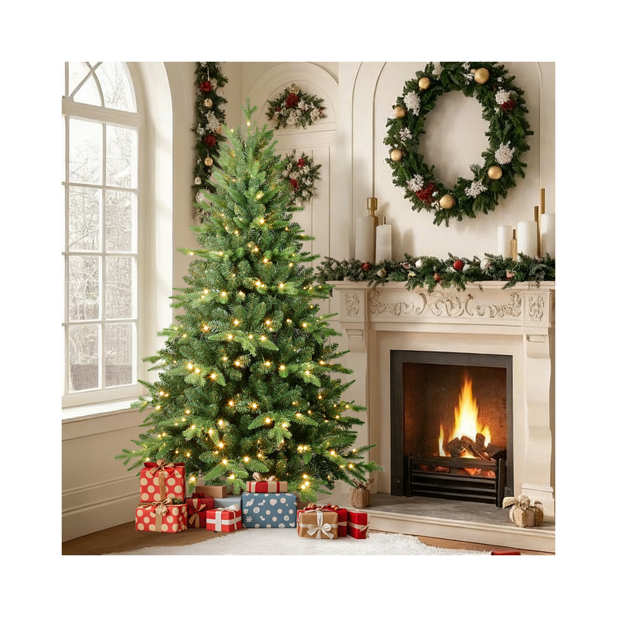 Pre-Lit Green Artificial Christmas Tree with PE & PVC Mixed Branches, LED Lights, 9'