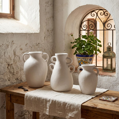 Decorative Amphora Table Vase Set of 3 - Sculptural Handled Vases for Home Decor - Rustic Textured Finish - Farmhouse & Mediterranean Style Accent - Ivory