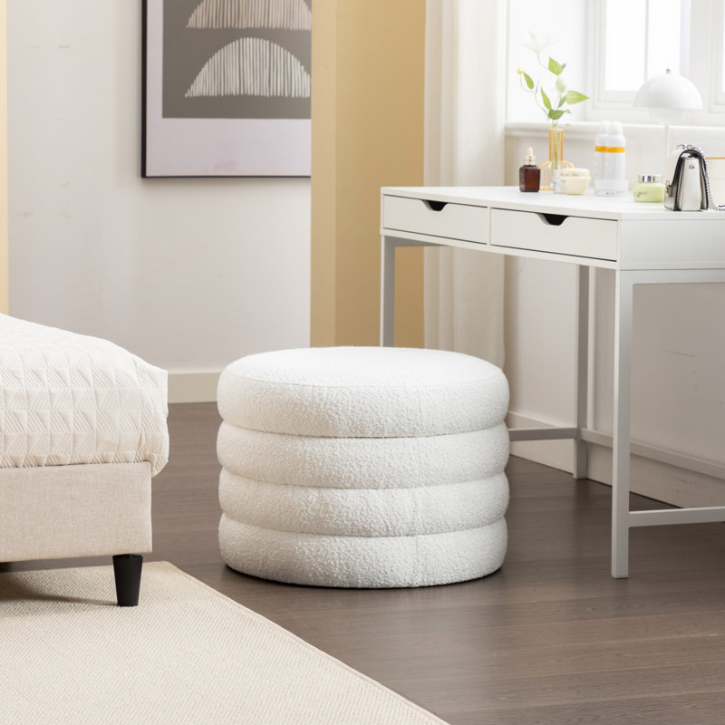 Repose-pieds rond avec rangement en tissu Boucle, Ivoire ivoire
