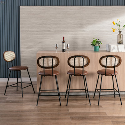 Ensemble de 4 tabourets de comptoir, tabourets de bar, tabourets de bar à hauteur de comptoir en métal pour la maison, tabouret de comptoir en similicuir avec dossier en rotin