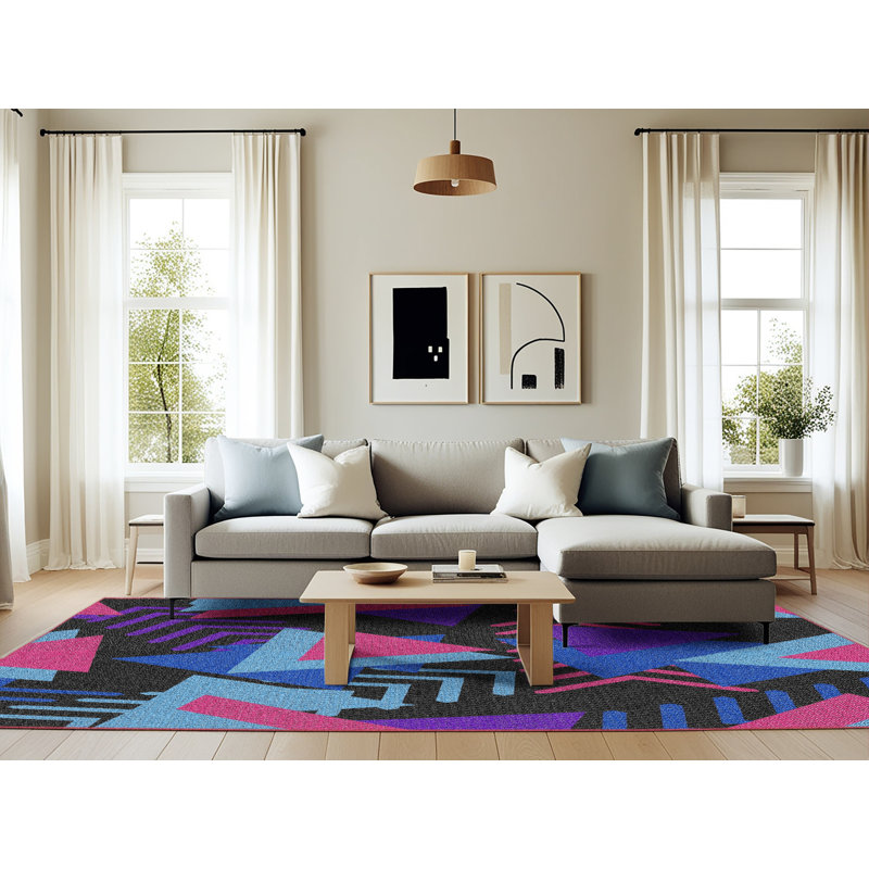 Tapis rose/mauve/bleu tissé à la machine électrique, Rectangle 6 pi x 9 pi