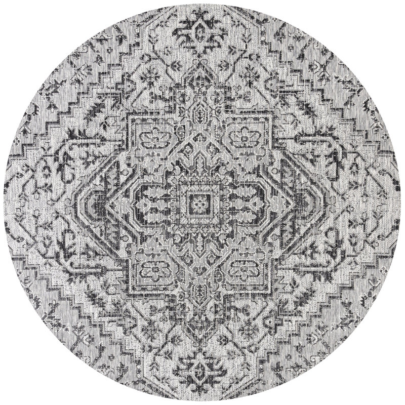 Truman Bohemian Medallion Textured Weave Black/Gray Indoor/Outdoor Rug, Round 7'9"