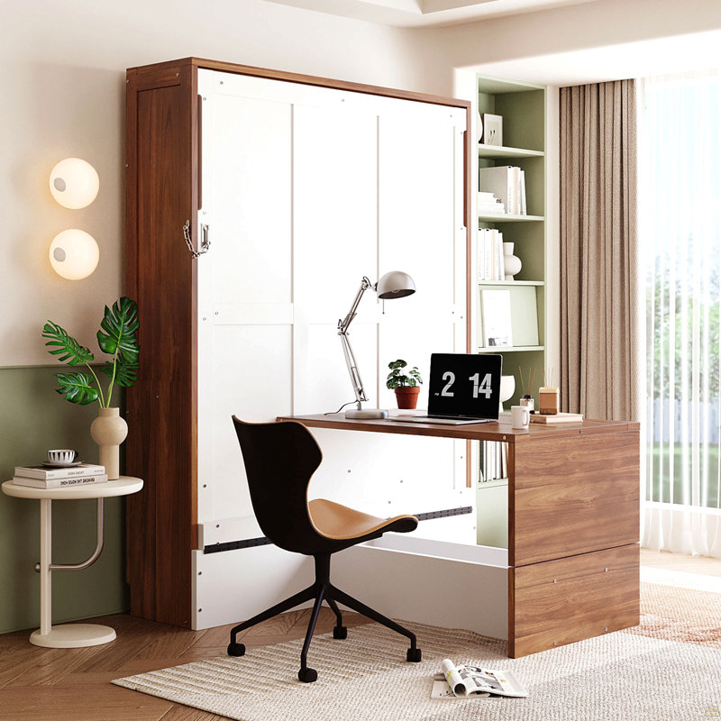 Full Size Murphy Bed with Foldable Desk – Space Saving Wall Bed - Walnut & White