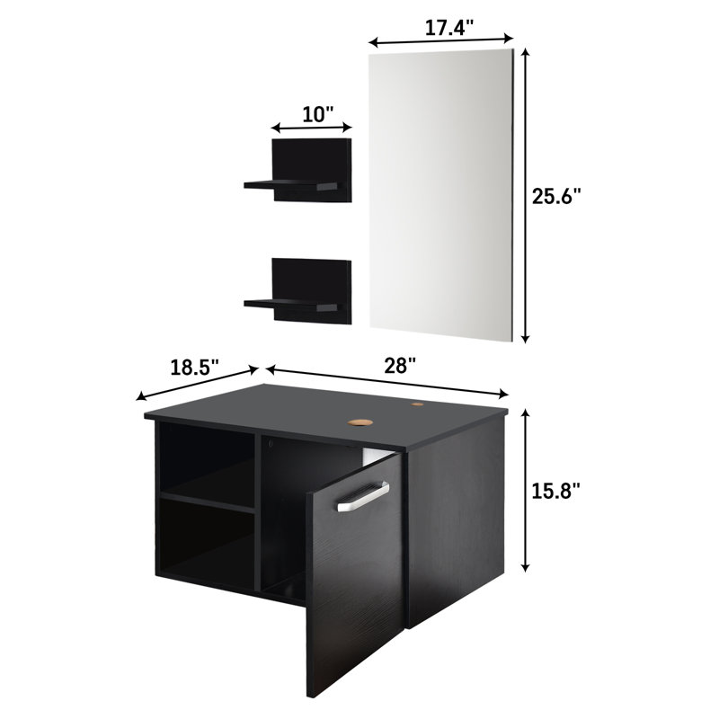 Ensemble de meuble-lavabo mural simple 28 po avec miroir Beyo, Noir