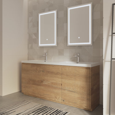 Meuble-lavabo double 72 po en chêne naturel avec plateau en pierre blanc brillant, 2 tiroirs et 4 portes Modern