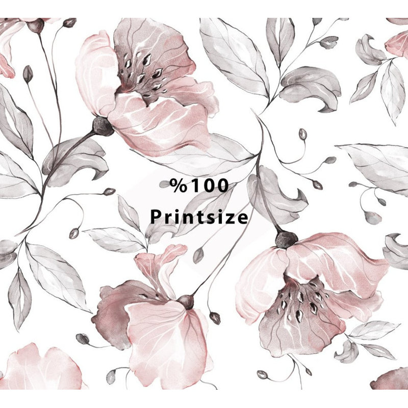 Papier peint amovible à motif de fleurs roses et de feuilles grises, L 98,04 po x l 150 po