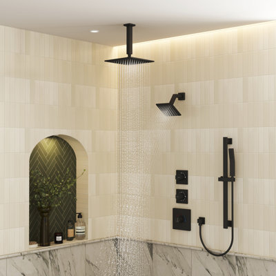 Système de douche thermostatique à haute pression 10 "avec deux pommes de douche et barre coulissante réglable