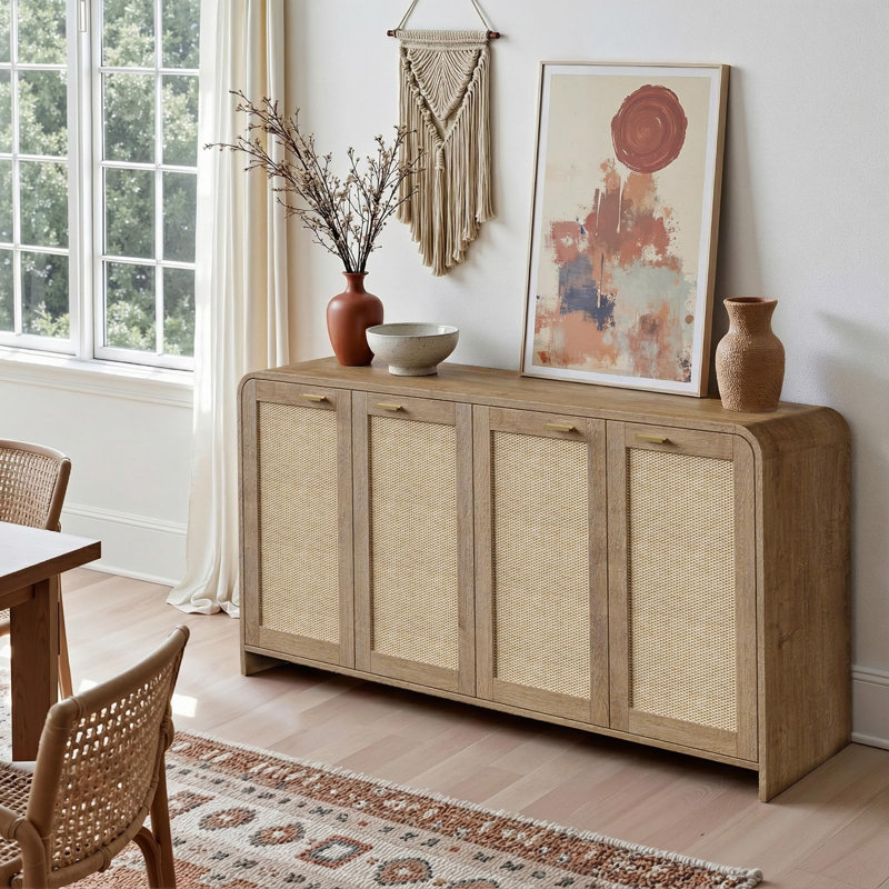 67" Rattan Buffet Cabinet With Storage, Boho Sideboard Cabinet With 4 Doors, Large Credenza Sideboard Buffet For Living Room, Kitchen And Hallway