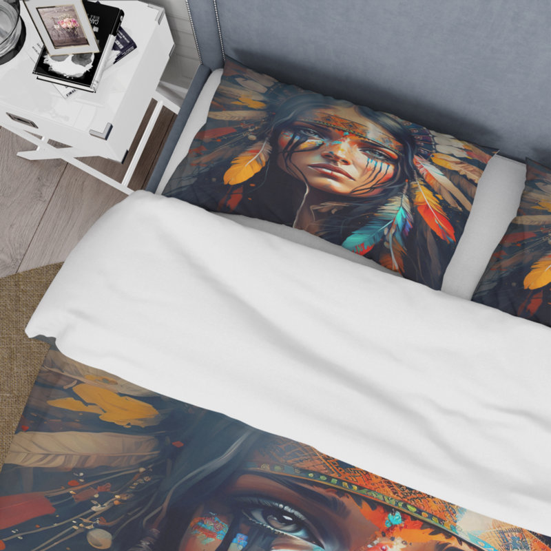 Ensemble de housse de couette Colorful Native American Woman VI - Portrait de femme - Microfibre de polyester