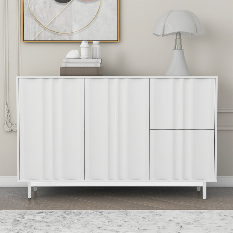 Buffet 47,2 po avec 2 portes et tiroirs, tablette réglable, armoires de cuisine à motif ondulé avec pieds en métal pour salle à manger, chambre à coucher, salon