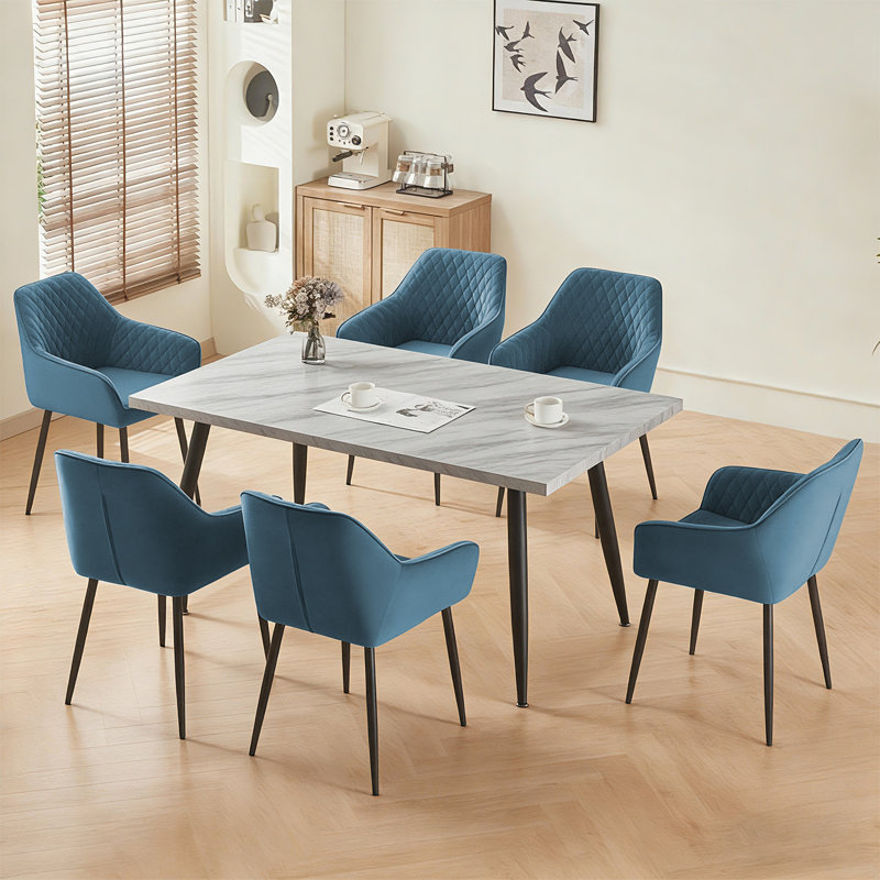 6 Person Dining Set 150Cm Long Marble Pattern Table And Velvet Armchairs, Blue