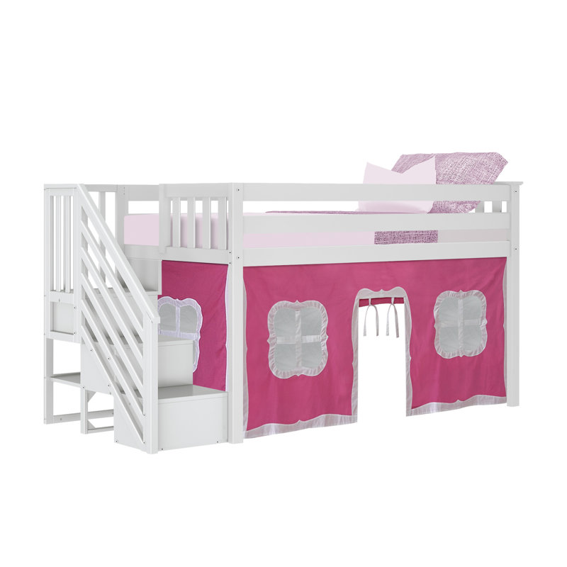 Glyndon Kids Twin Loft Bed with Stairs and Play Curtain, White, Pink