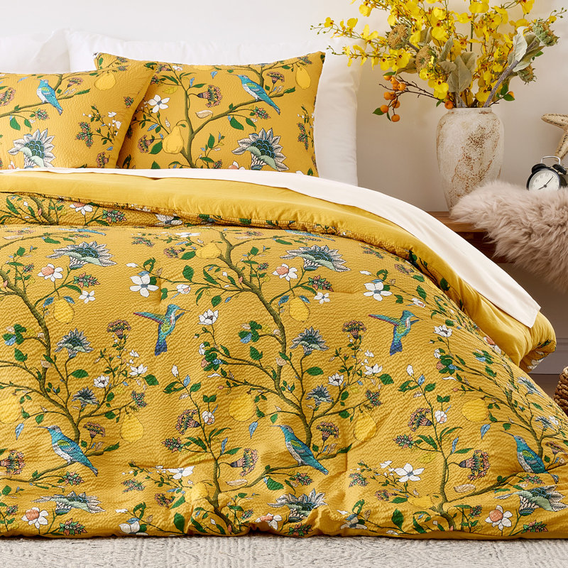 Floral Comforter Set 3 Pieces Seersucker Botanical hummingbird Patterned, Cute Bedroom Comforter and 2 Shams Suitable for all seasons