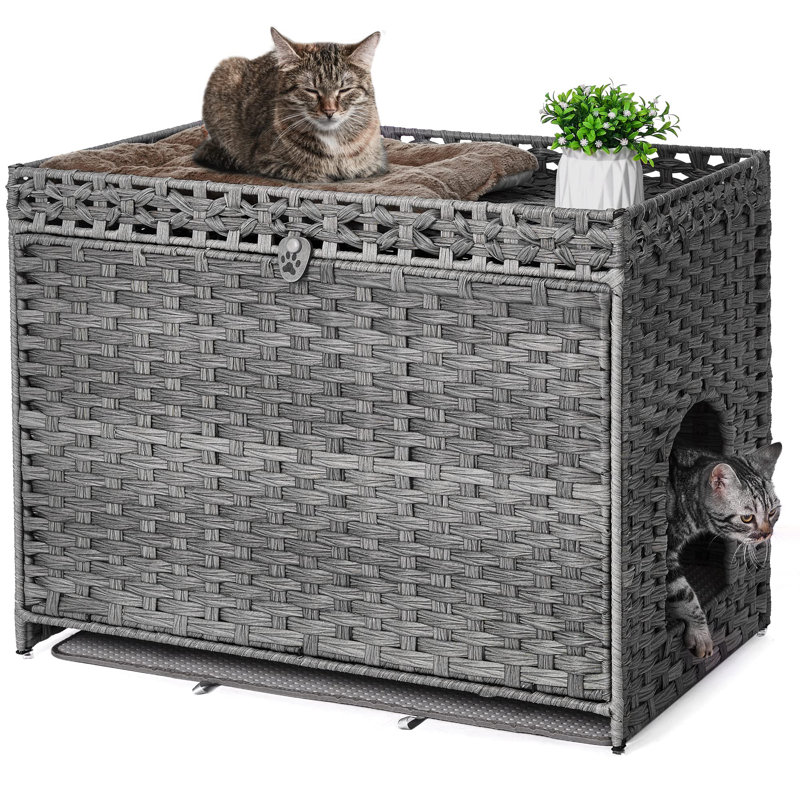Grey Handwoven Rattan Cat Litter Box Enclosure with Soft Mat