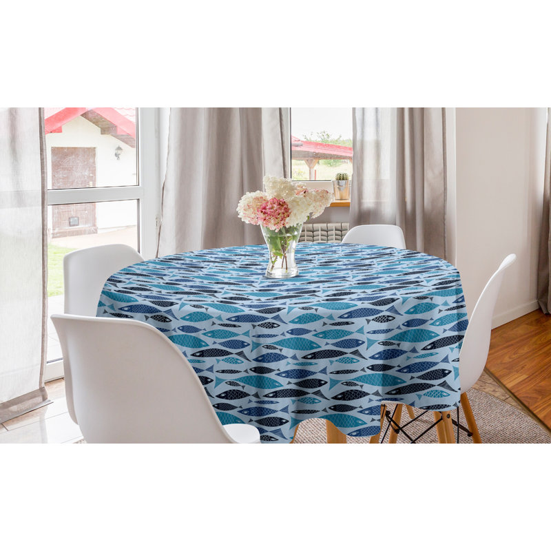 Ambesonne Marine Round Tablecloth, Graphic Fish Silhouettes On Sea Inspired Background Underwater Life, Circle Table Cloth Cover For Dining Room Kitchen Decoration, 60", Blue Navy Blue Dark Blue