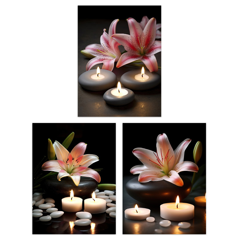 Lilies Zen Stones Candles Tranquil Spa Atmosphere Bathroom - 3 Piece No Frame Print Set, 40.5cm H x 30.5cm W x 0.3cm D
