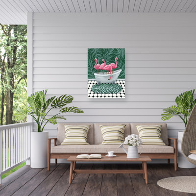 Yvette St. Amant Flamingos In Tub Outdoor  Canvas