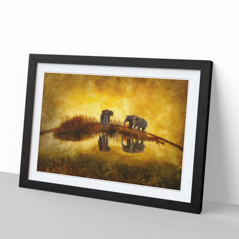 Elephants at Sunset - Framed Print, 27cm H x 36cm W x 2cm D, Black Framed