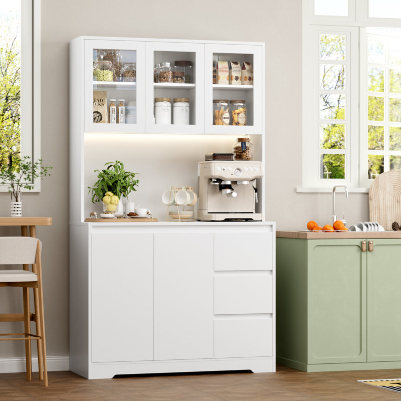 Satavia 70.9'' Kitchen Pantry with LED Lights and Charging Station, Microwave Shelf, White