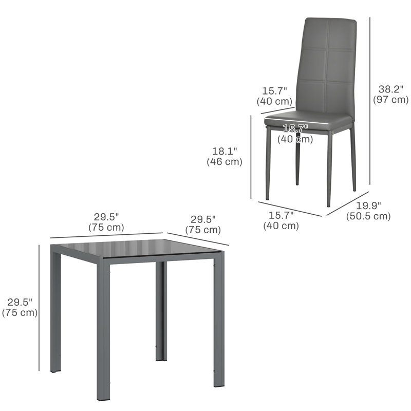 Table de cuisine rectangulaire en verre avec chaises, ensemble pour 2, Gris