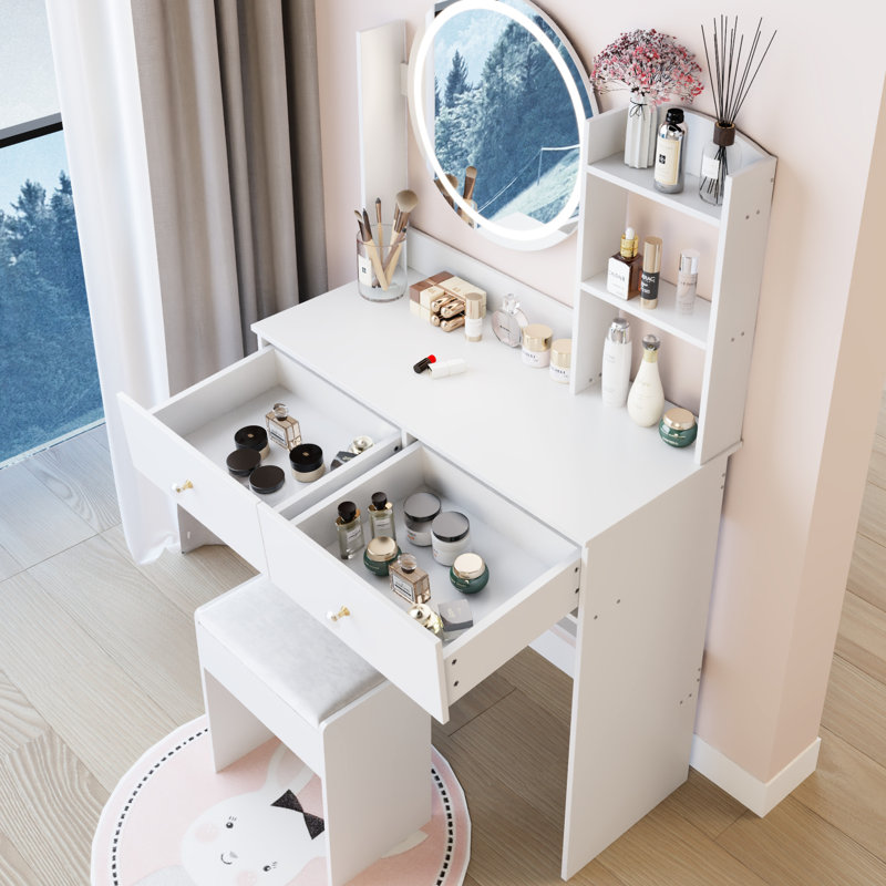 Vanity Table, 17" Round Led Mirror, 3 - Color Lighting System, Soft Stool, Large High Capacity Storage, Small Rooms, American Design, White Touch Controlled Lighting, Cushioned Areas, Style,