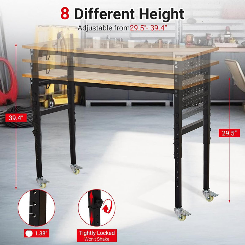 Établi à hauteur réglable avec échelle, panneau perforé et roues, capacité de 2 200 lb pour atelier de garage
