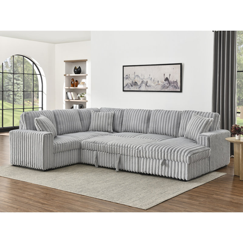 Canapé-lit d'angle surdimensionné en velours côtelé en forme de U (122 pouces) avec lit gigogne, méridienne de rangement et port de chargement USB, gris