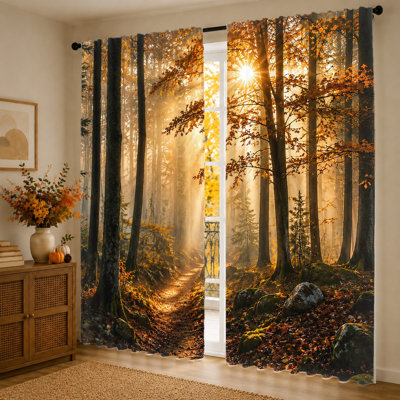 Rideaux de soleil 2 pièces, filtrant la lumière, rayon de soleil à travers les arbres, passe-tringle, décor naturel rétro, protection de la vie privée pour le salon, la chambre à coucher, la décoration intérieure