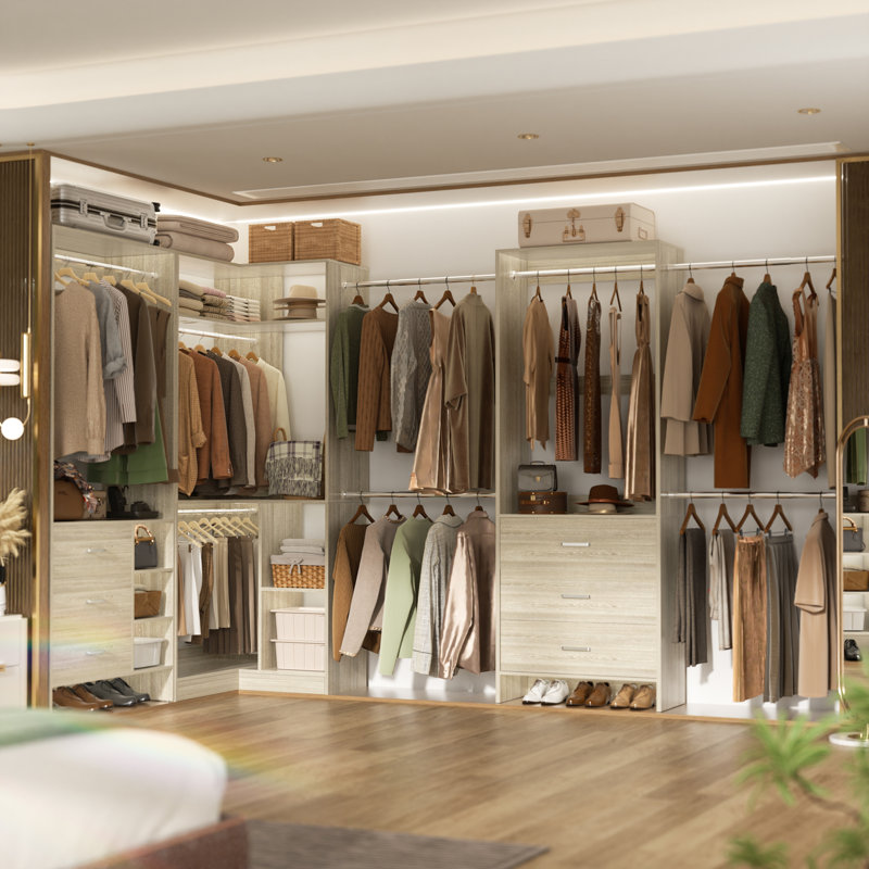 63.1‘’ - 108‘’ W Closet System with Wooden Drawers and Hanging Rods(Cut to Suit), White Oak