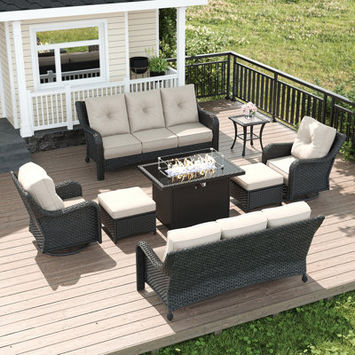  8 Piece Wicker Outdoor Furniture Set with 6-inch Comfy Cushions, High Back Patio Furniture Set with Swivel Rocking Chairs and Fire Pit Table