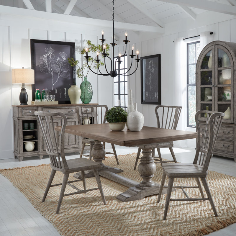 Chalita Trestle Dining Set with Rectangular Table, 5 Pieces: Table, 4 Chairs, Brown/Gray, Gray