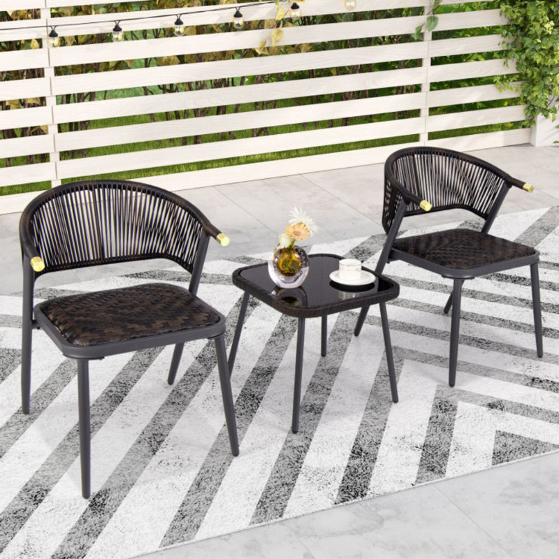 Ensemble de 3 meubles de patio avec plateau en verre trempé pour piscine