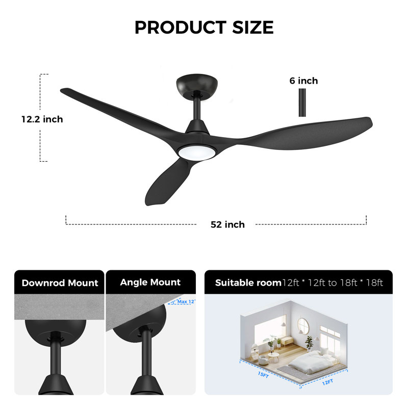 2pcs 52-inch Ceiling Fans With Lights And Remote Control Black, Black, Black