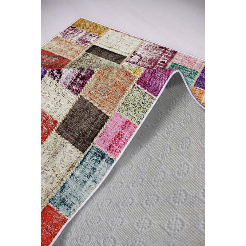 Riebe Patchwork Machine Made Flatweave Polyester Area Rug in Gray/Green/Purple, Rectangle 5'3" x 7'7"