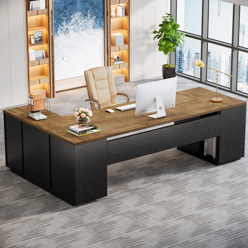 85.8-Inch L-Shaped Executive Desk with File Drawers, Natural/Black