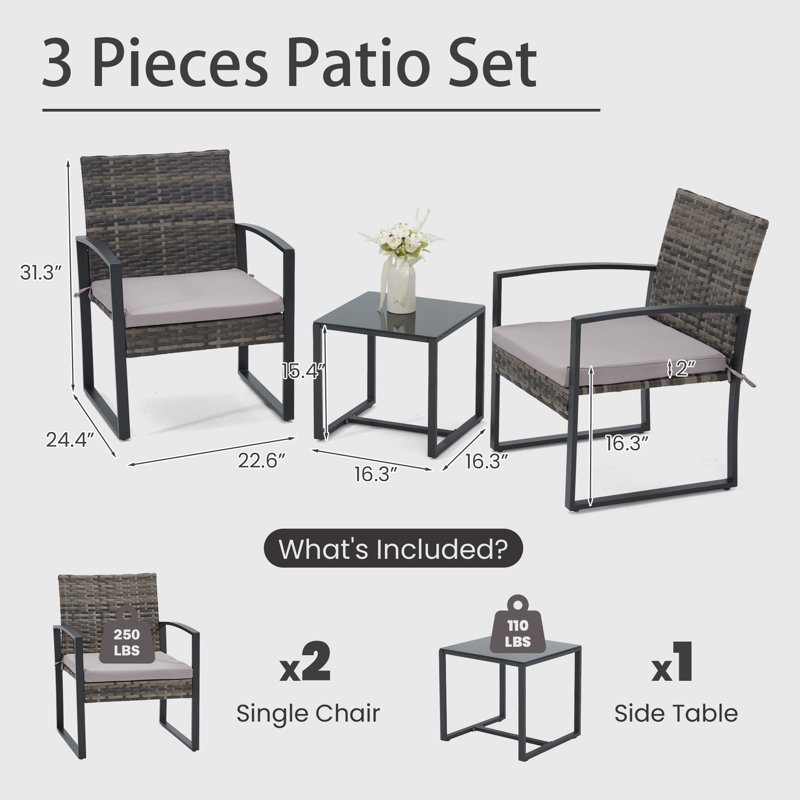  Ensemble de 3 chaises bistro en rotin avec coussins et table basse, Gris, Gris