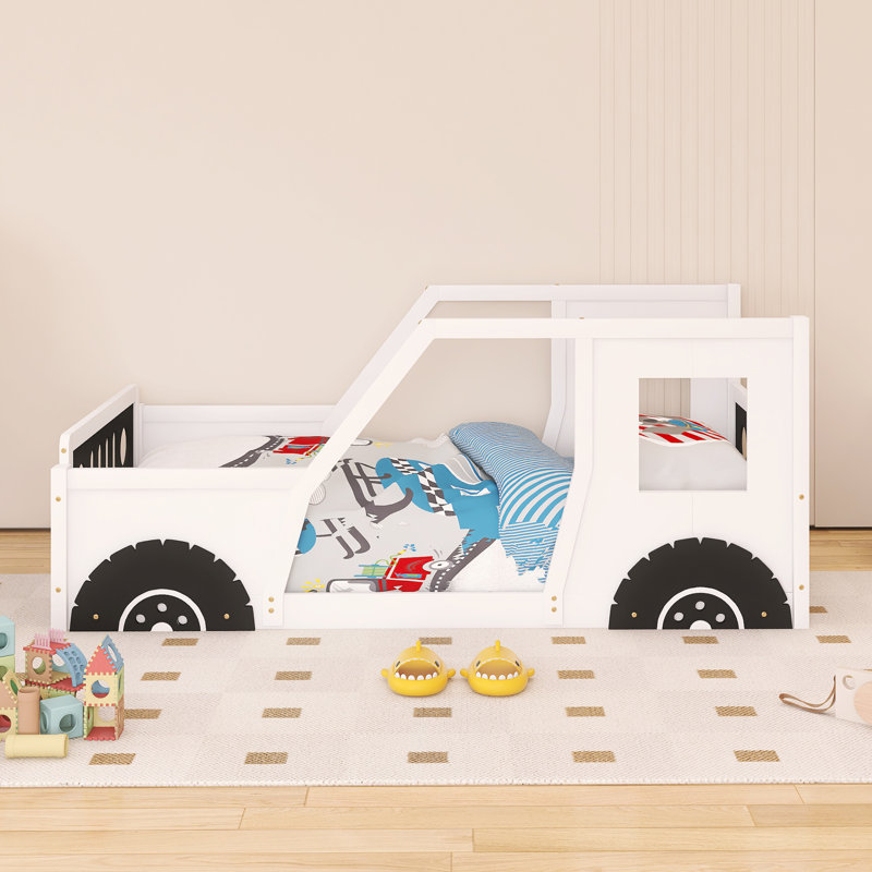 Lit plateforme simple en forme de voiture avec roulettes, Lit simple, White