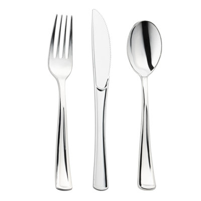 Shiny Metallic Disposable Plastic Cutlery Combo Set (Spoons, Forks And Knives) For 120 Guests